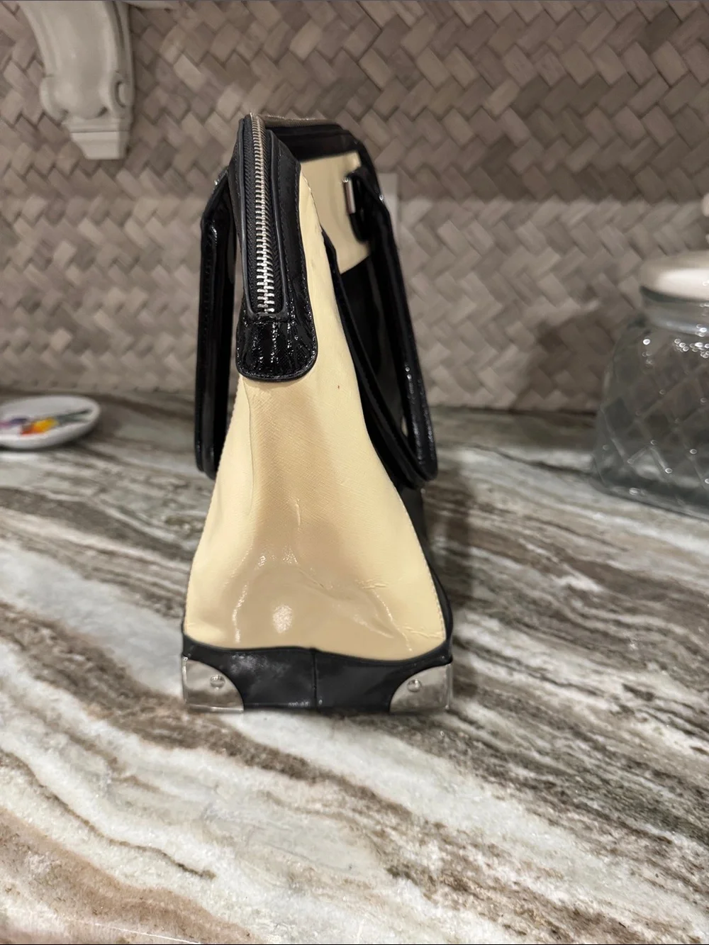 Patent Black and Cream Satchel with Silver Accents